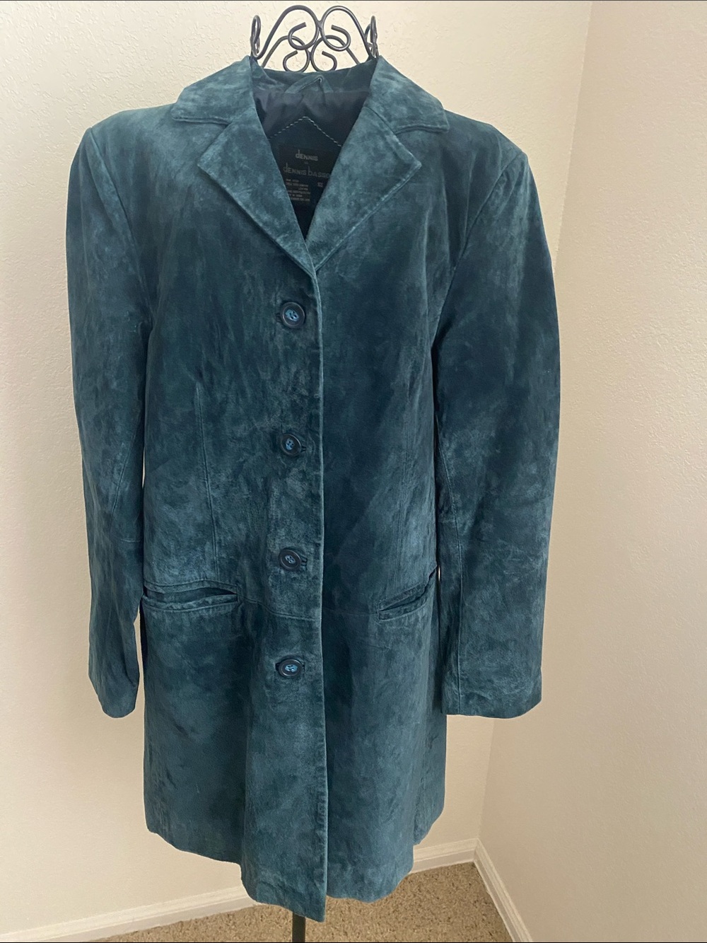 dennis basso Teal Suede Button-Front Jacket